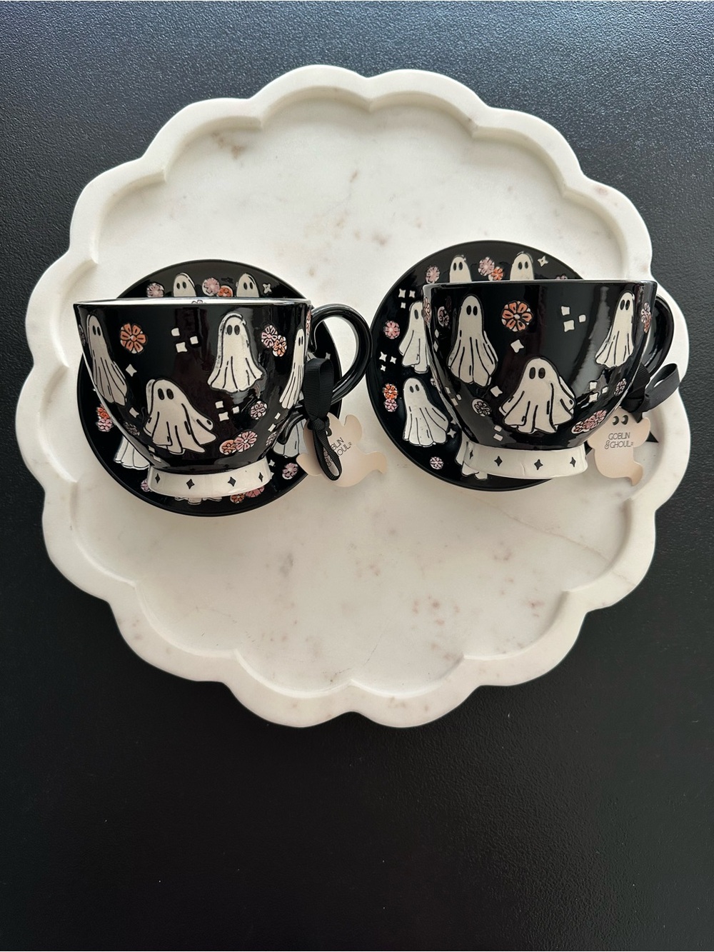 Goblin & Ghoul ~ Multicolored Ghost & Flower Mug & Saucer Set Of 2
